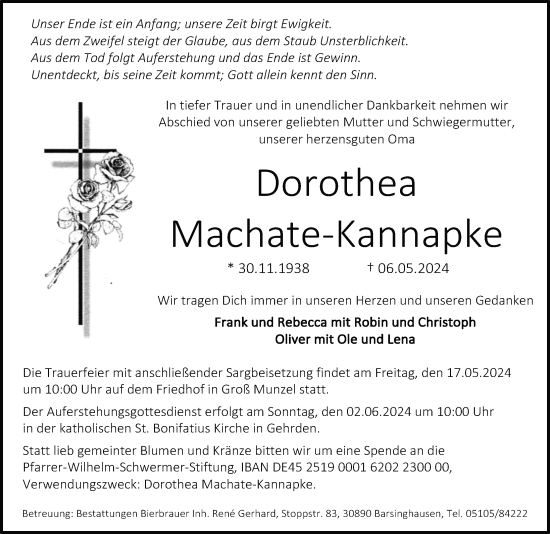 Traueranzeige von Dorothea Machate-Kannapke von Hannoversche Allgemeine Zeitung/Neue Presse