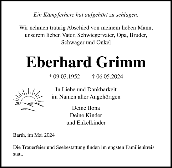 Traueranzeige von Eberhard Grimm von Ostsee-Zeitung GmbH