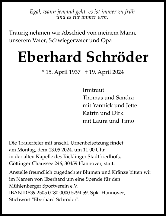 Traueranzeige von Eberhard Schröder von Hannoversche Allgemeine Zeitung/Neue Presse