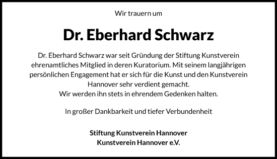 Traueranzeige von Eberhard Schwarz von Hannoversche Allgemeine Zeitung/Neue Presse
