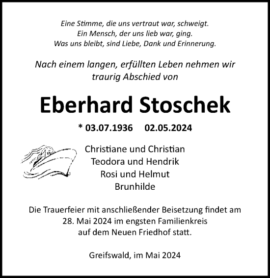 Traueranzeige von Eberhard Stoschek von Ostsee-Zeitung GmbH