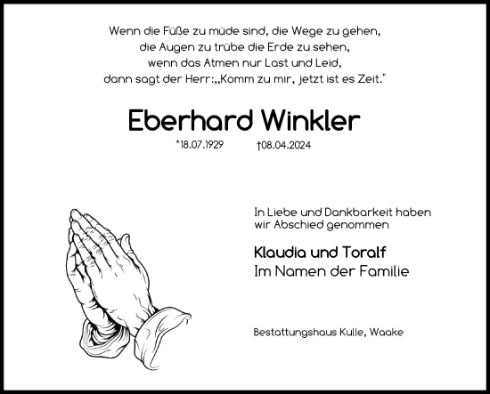 Traueranzeige von Eberhard Winkler von Göttinger Tageblatt