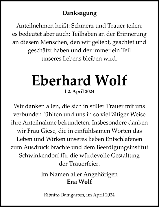 Traueranzeige von Eberhard Wolf von Ostsee-Zeitung GmbH