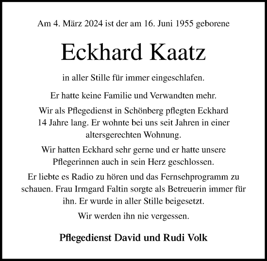 Traueranzeige von Eckhard Kaatz von Ostsee-Zeitung GmbH