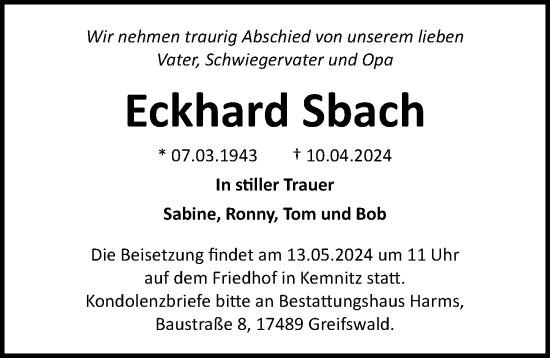 Traueranzeige von Eckhard Sbach von Ostsee-Zeitung GmbH