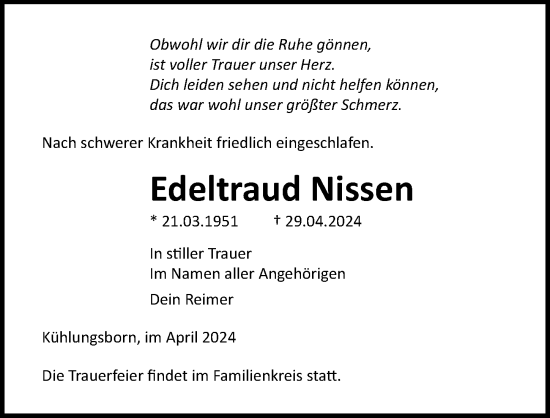 Traueranzeige von Edeltraud Nissen von Ostsee-Zeitung GmbH