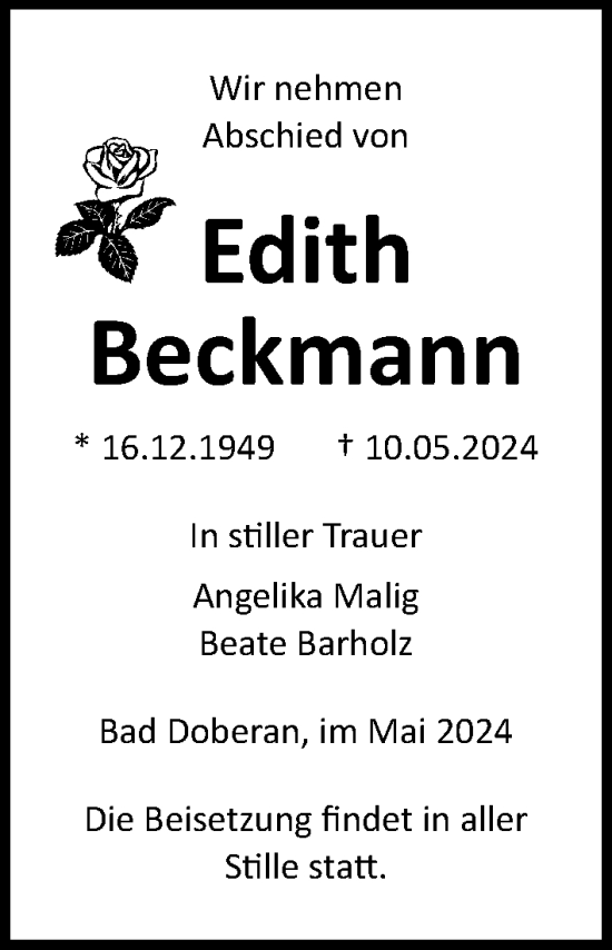 Traueranzeige von Edith Beckmann von Ostsee-Zeitung GmbH