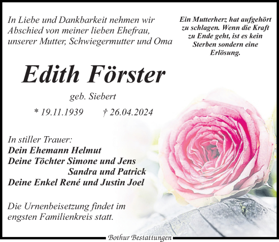 Traueranzeige von Edith Förster von Leipziger Volkszeitung