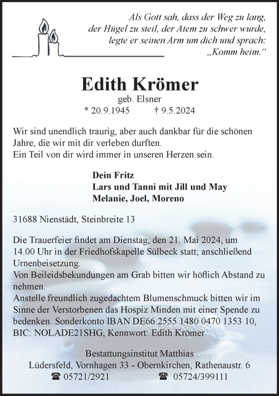 Traueranzeige von Edith Krömer von Schaumburger Nachrichten
