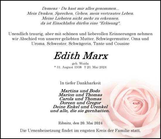 Traueranzeige von Edith Marx von Ostsee-Zeitung GmbH