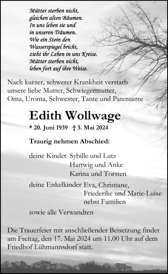 Traueranzeige von Edith Wollwage von Ostsee-Zeitung GmbH
