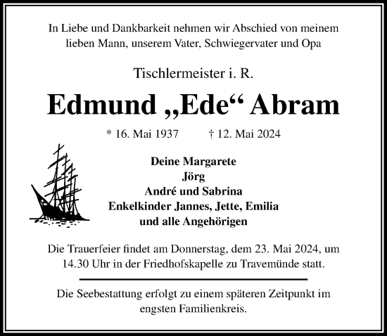 Traueranzeige von Edmund  Abram von Lübecker Nachrichten