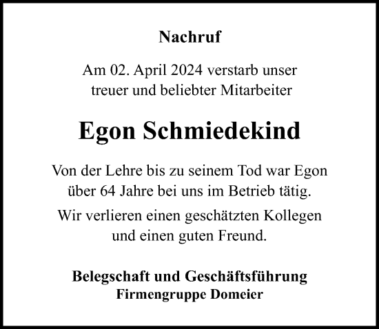 Traueranzeige von Egon Schmiedekind von Eichsfelder Tageblatt
