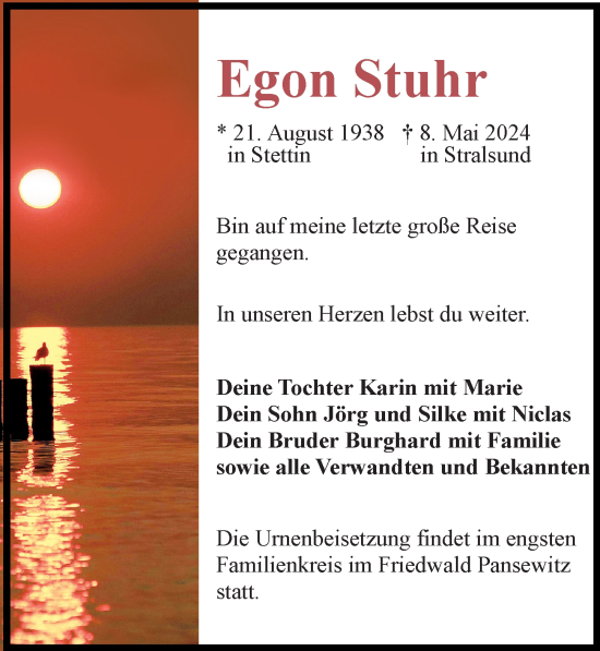 Traueranzeige von Egon Stuhr von Ostsee-Zeitung GmbH