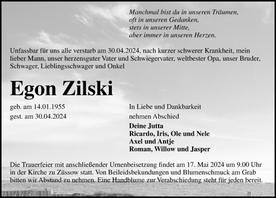 Traueranzeige von Egon Zilski von Ostsee-Zeitung GmbH