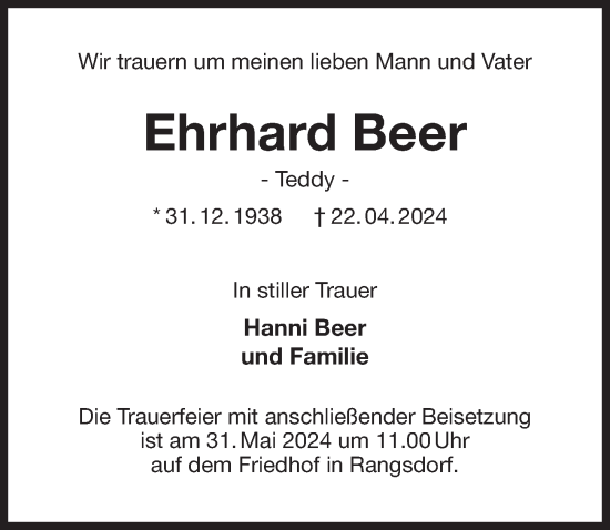 Traueranzeige von Ehrhard Beer von Märkischen Allgemeine Zeitung