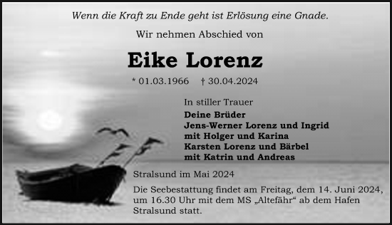 Traueranzeige von Eike Lorenz von Ostsee-Zeitung GmbH