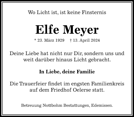 Traueranzeige von Elfe Meyer von Peiner Allgemeine Zeitung