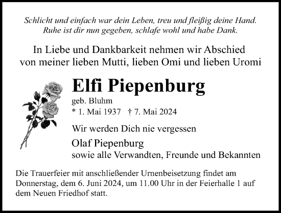 Traueranzeige von Elfi Piepenburg von Ostsee-Zeitung GmbH