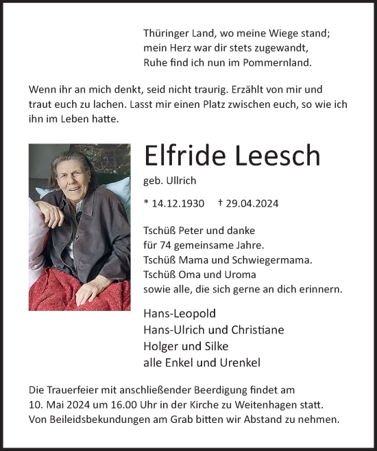 Traueranzeige von Elfride Leesch von Ostsee-Zeitung GmbH