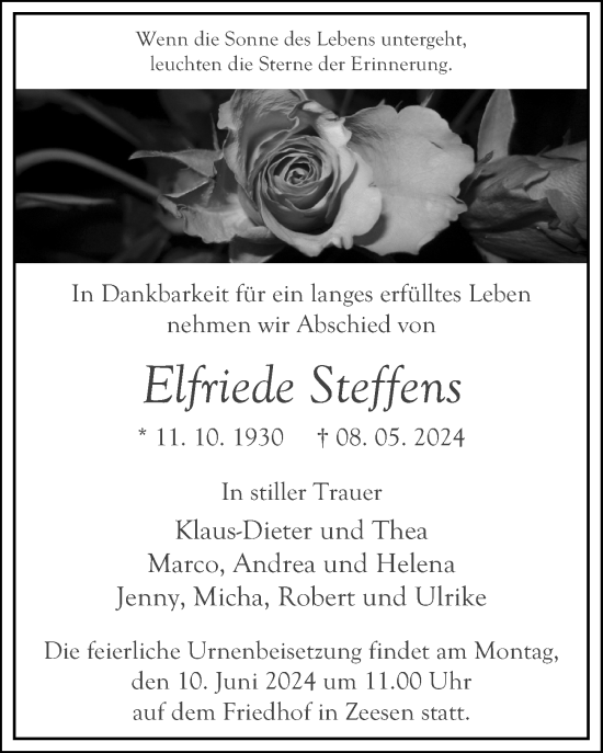 Traueranzeige von Elfriede Steffens von Märkischen Allgemeine Zeitung