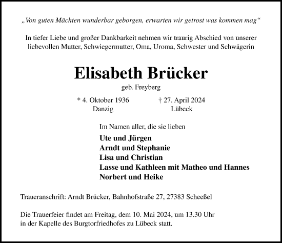 Traueranzeige von Elisabeth Brücker von Lübecker Nachrichten