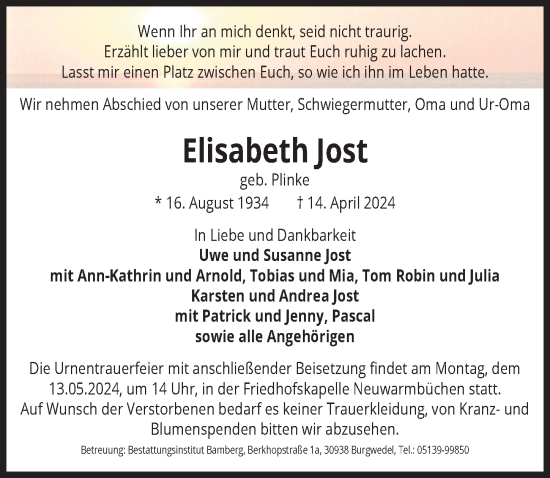 Traueranzeige von Elisabeth Jost von Hannoversche Allgemeine Zeitung/Neue Presse