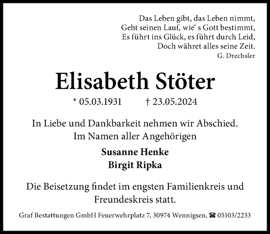 Traueranzeige von Elisabeth Stöter von Hannoversche Allgemeine Zeitung/Neue Presse