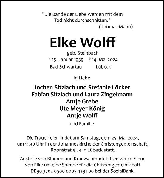 Traueranzeige von Elke Wolff von Lübecker Nachrichten