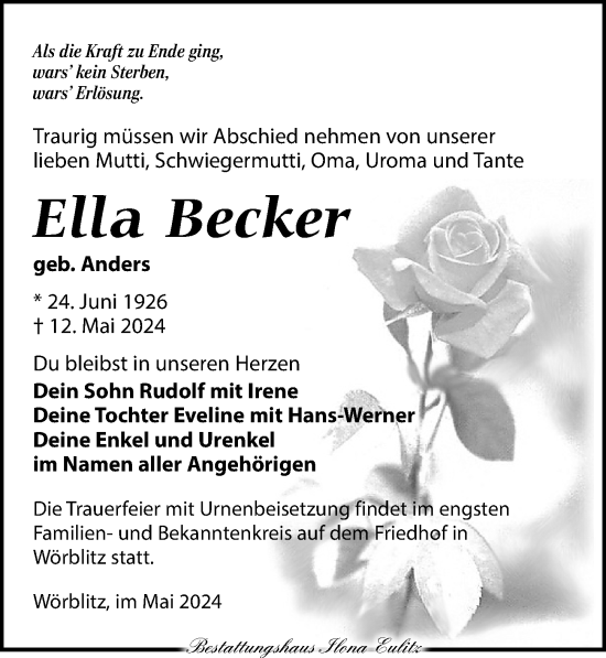 Traueranzeige von Ella Becker von Torgauer Zeitung