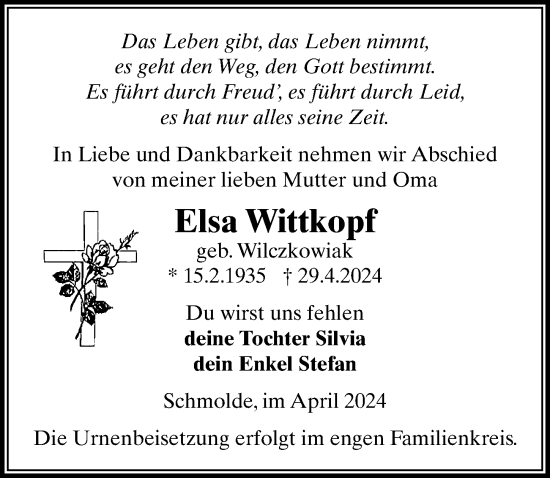 Traueranzeige von Elsa Wittkopf von Wochenspiegel