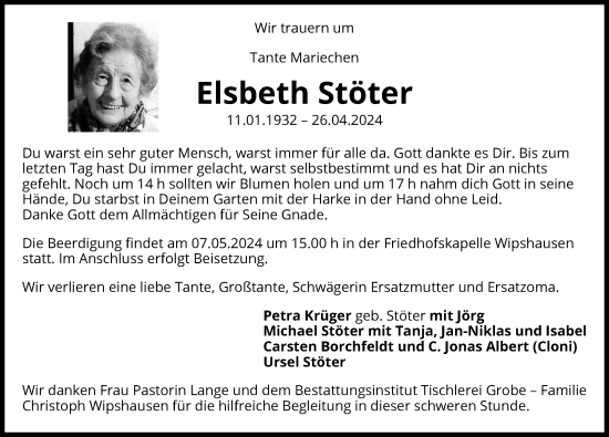 Traueranzeige von Elsbeth Stöter von Peiner Allgemeine Zeitung