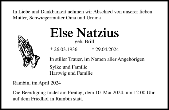 Traueranzeige von Else Natzius von Ostsee-Zeitung GmbH