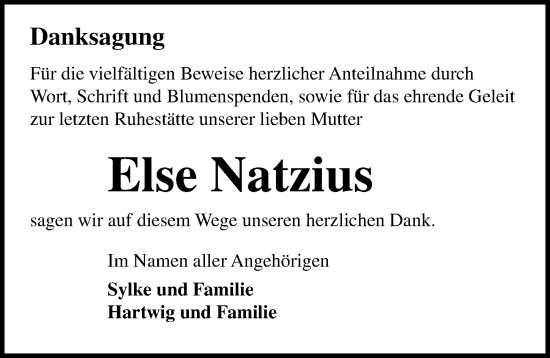 Traueranzeige von Else Natzius von Ostsee-Zeitung GmbH