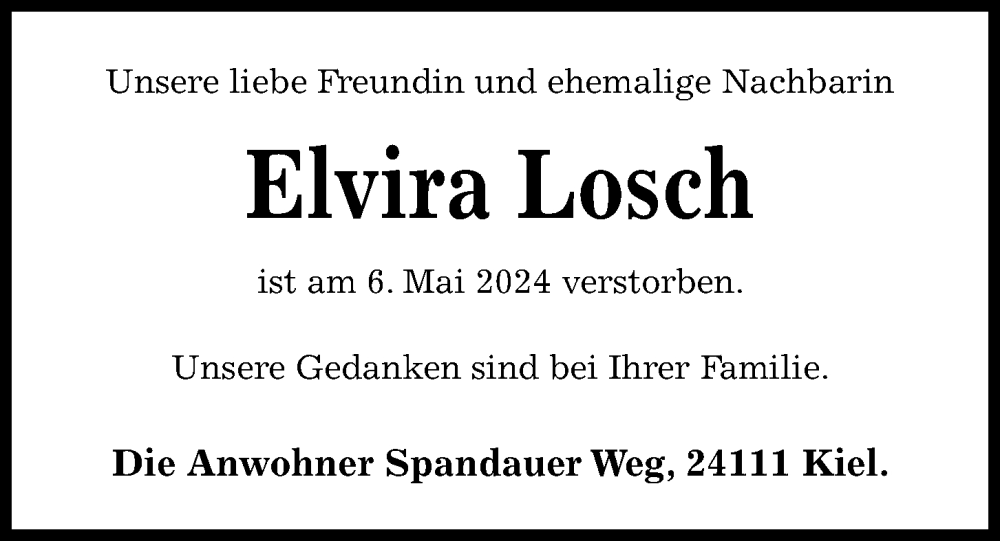  Traueranzeige für Elvira Losch vom 11.05.2024 aus Kieler Nachrichten
