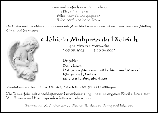 Traueranzeige von Elzbieta Matgorzata Dietrich von Göttinger Tageblatt