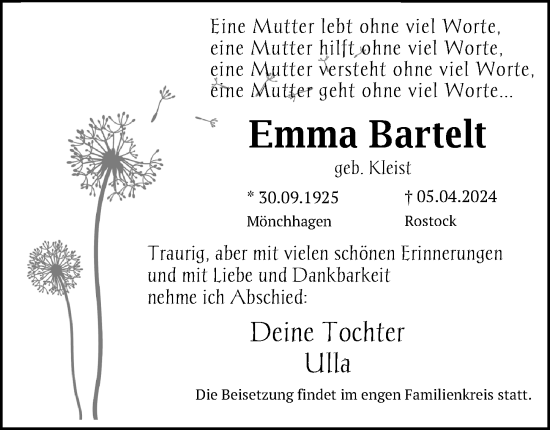 Traueranzeige von Emma Bartelt von Ostsee-Zeitung GmbH