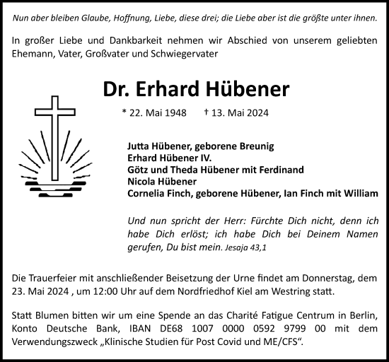 Traueranzeige von Erhard Hübener von Kieler Nachrichten