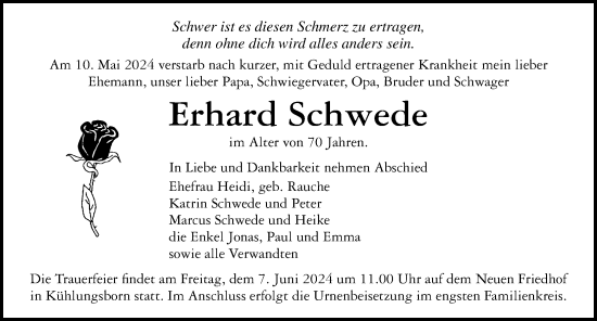 Traueranzeige von Erhard Schwede von Ostsee-Zeitung GmbH