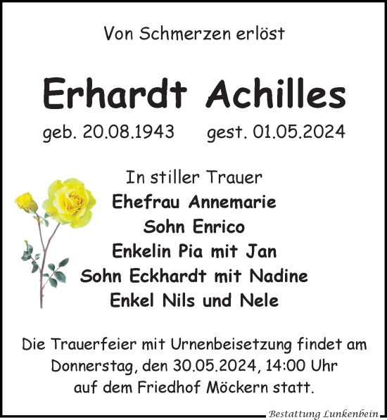 Traueranzeige von Erhardt Achilles von Leipziger Volkszeitung