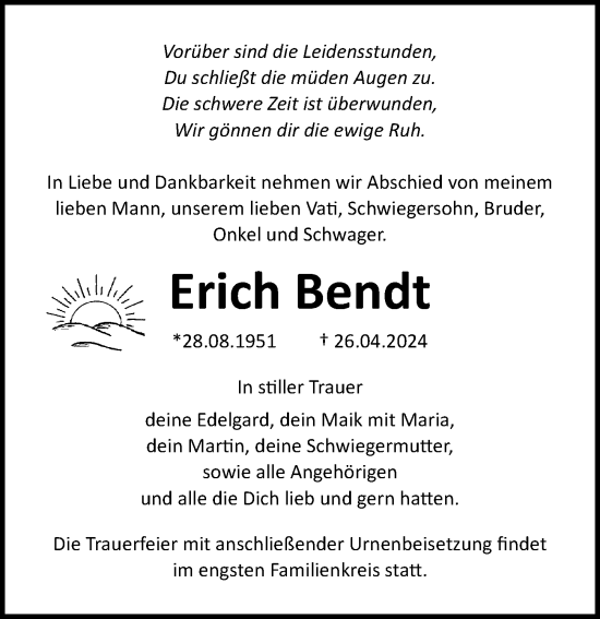 Traueranzeige von Erich Bendt von Ostsee-Zeitung GmbH