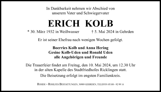Traueranzeige von Erich Kolb von Hannoversche Allgemeine Zeitung/Neue Presse