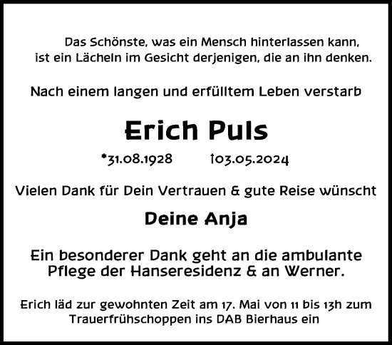 Traueranzeige von Erich Puls von Lübecker Nachrichten