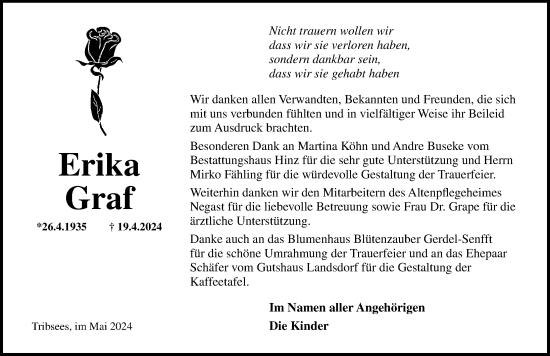 Traueranzeige von Erika Graf von Ostsee-Zeitung GmbH