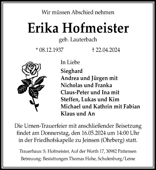 Traueranzeige von Erika Hofmeister von Hannoversche Allgemeine Zeitung/Neue Presse