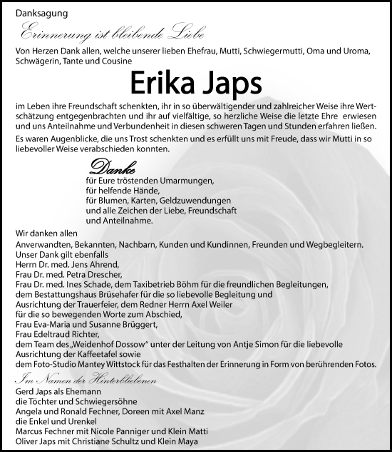 Traueranzeige von Erika Japs