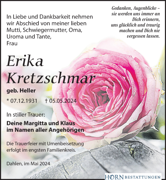 Traueranzeige von Erika Kretzschmar von Leipziger Volkszeitung
