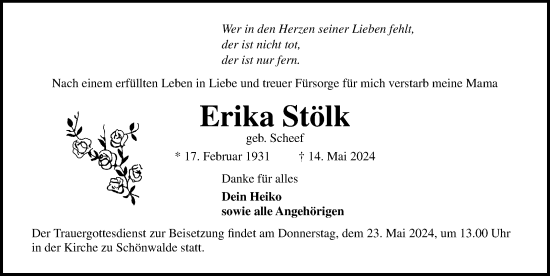 Traueranzeige von Erika Stölk von Lübecker Nachrichten