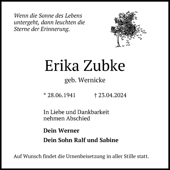 Traueranzeige von Erika Zubke von Hannoversche Allgemeine Zeitung/Neue Presse