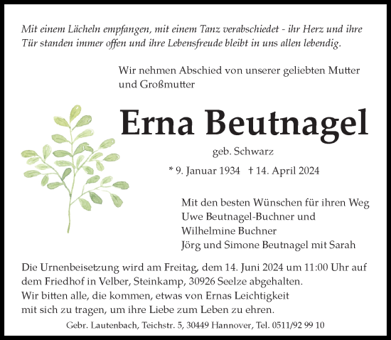 Traueranzeige von Erna Beutnagel von Hannoversche Allgemeine Zeitung/Neue Presse